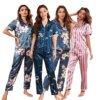pyjama satin femme imprimé Floral en soie, bouton à revers, chemise avec pantalon, ensemble de nuit