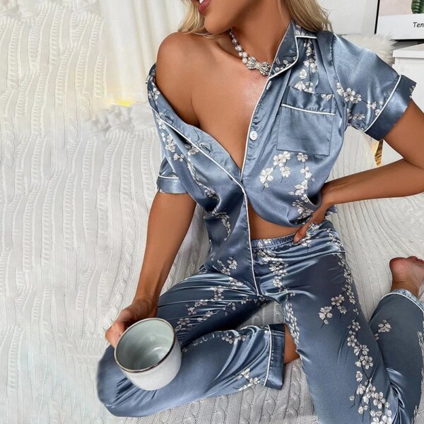 pyjama satin femme imprimé Floral en soie, bouton à revers, chemise avec pantalon, ensemble de nuit