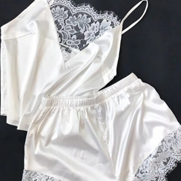 Pyjama satin femme – vêtement de nuit col V sans manches à bretelles