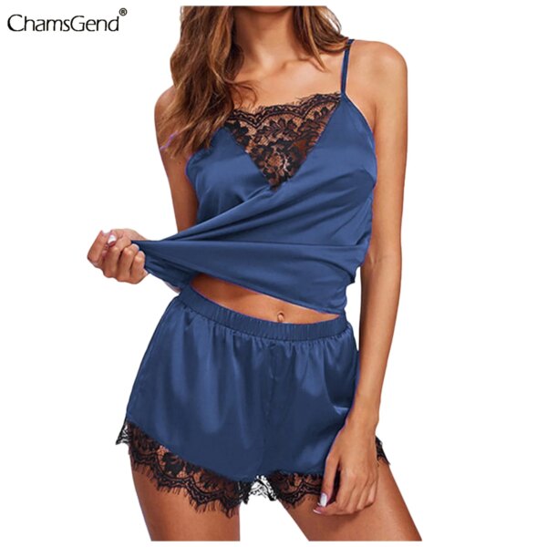 Pyjama satin femme – vêtement de nuit col V sans manches à bretelles