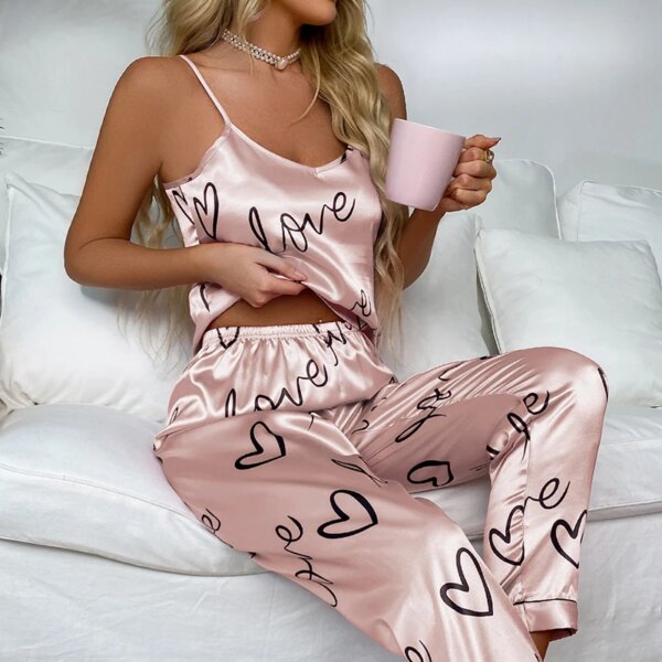 pyjama en soie sexy pour femmes, vêtements de nuit en Satin, caraco, gilet avec pantalon