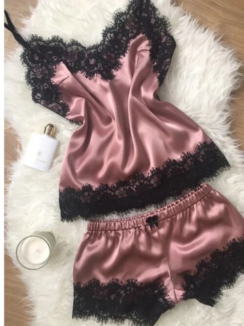 26280-25d2d3.jpg Pyjama satin femme – ensemble de nuit col V en dentelle avec nœud papillon