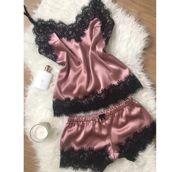 Pyjama satin femme – ensemble de nuit col V en dentelle avec nœud papillon