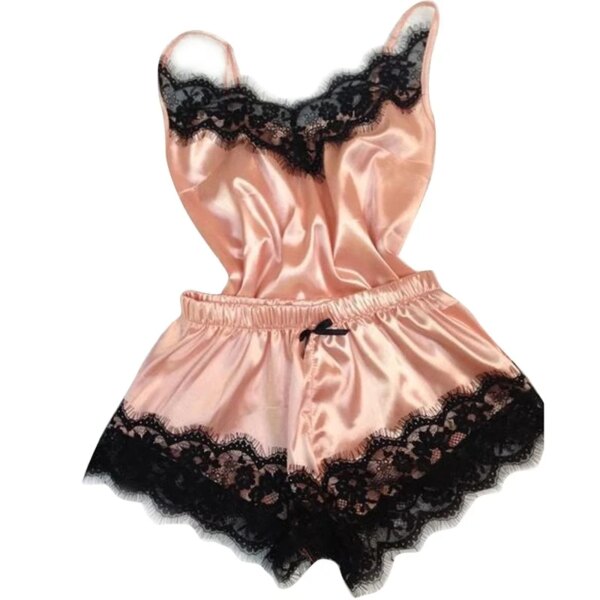 Pyjama satin femme – ensemble de nuit col V en dentelle avec nœud papillon