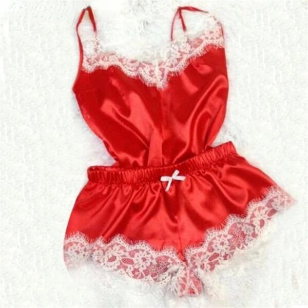 Pyjama satin femme – ensemble de nuit col V en dentelle avec nœud papillon