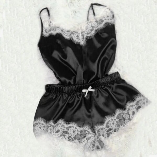 Pyjama satin femme – ensemble de nuit col V en dentelle avec nœud papillon