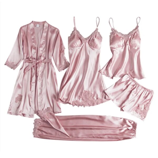 pyjama satin femme et dentelle vêtements de nuit Sexy, 5 pièces