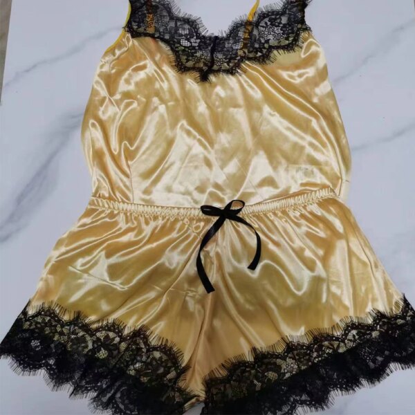 26433-553b08.jpg Pyjama satin femme – ensemble de nuit col V en dentelle avec nœud papillon