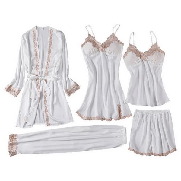 pyjama satin femme et dentelle vêtements de nuit Sexy, 5 pièces
