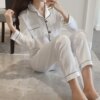 pyjama en soie et Satin pour femmes, couleur unie, manches longues