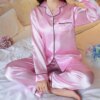 pyjama en soie et Satin pour femmes, couleur unie, manches longues