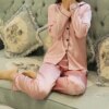 pyjama en soie et Satin pour femmes, couleur unie, manches longues
