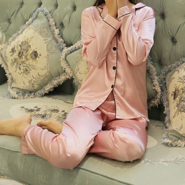 pyjama en soie et Satin pour femmes, couleur unie, manches longues