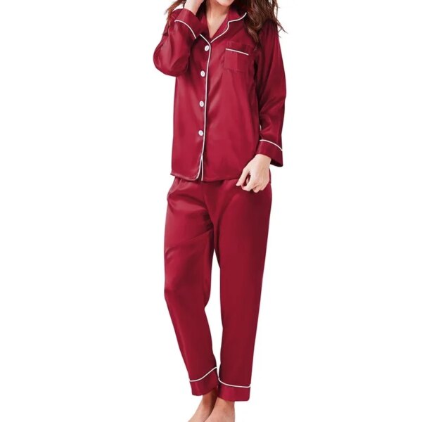 26832-6b5e0b.jpg pyjama en soie et Satin pour femmes, couleur unie, manches longues