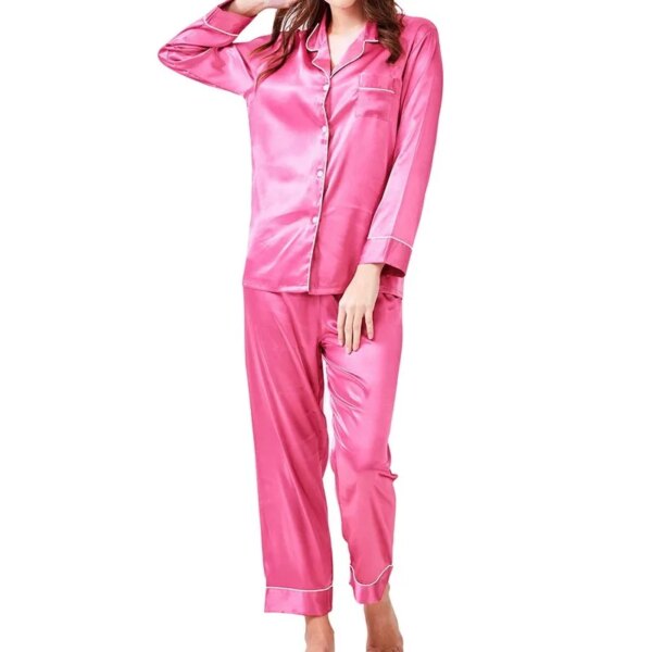 pyjama en soie et Satin pour femmes, couleur unie, manches longues