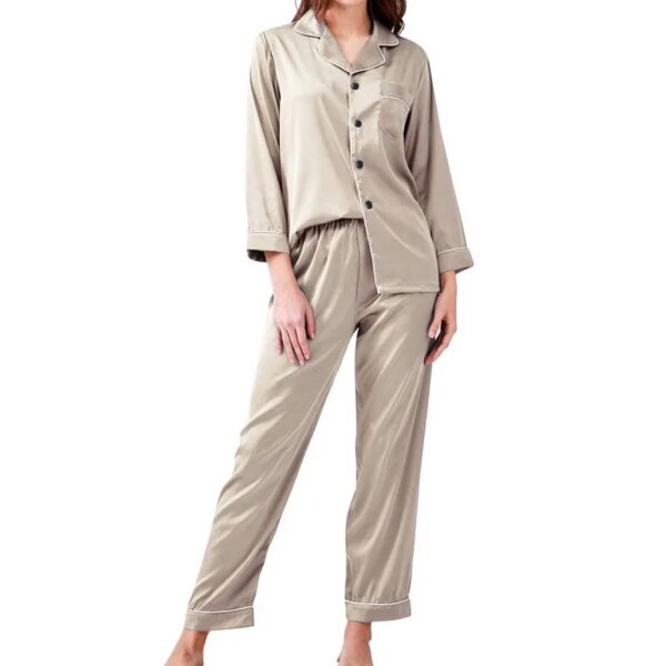 pyjama en soie et Satin pour femmes, couleur unie, manches longues