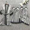 pyjama satin femme, vêtements de nuit en soie, 4 pièces, bretelles en dentelle