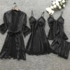 pyjama satin femme, vêtements de nuit en soie, 4 pièces, bretelles en dentelle