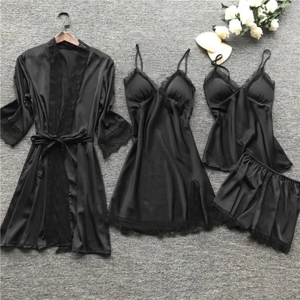 pyjama satin femme, vêtements de nuit en soie, 4 pièces, bretelles en dentelle