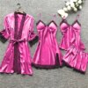 pyjama satin femme, vêtements de nuit en soie, 4 pièces, bretelles en dentelle