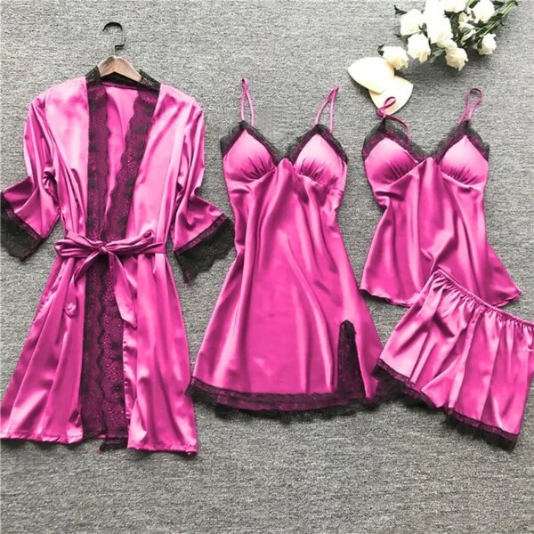 pyjama satin femme, vêtements de nuit en soie, 4 pièces, bretelles en dentelle
