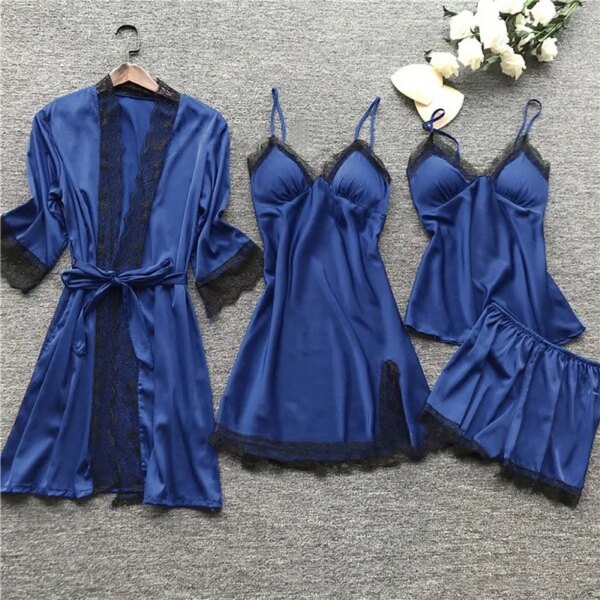 pyjama satin femme, vêtements de nuit en soie, 4 pièces, bretelles en dentelle
