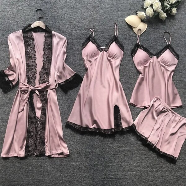 pyjama satin femme, vêtements de nuit en soie, 4 pièces, bretelles en dentelle