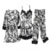 pyjama satin femme, vêtements de nuit en soie, 4 pièces, bretelles en dentelle