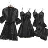 pyjama satin femme, vêtements de nuit en soie, 4 pièces, bretelles en dentelle