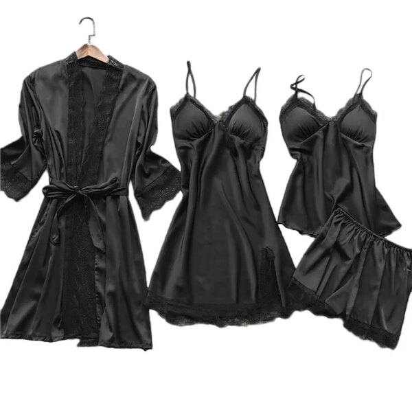 pyjama satin femme, vêtements de nuit en soie, 4 pièces, bretelles en dentelle