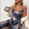 pyjama satin femme imprimé Floral, sans manches, haut avec pantalon Long