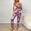 pyjama satin femme imprimé Floral, sans manches, haut avec pantalon Long