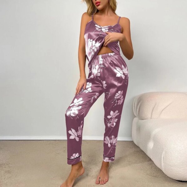 pyjama satin femme imprimé Floral, sans manches, haut avec pantalon Long
