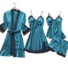 pyjama satin femme, vêtements de nuit en soie, 4 pièces, bretelles en dentelle