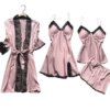 pyjama satin femme, vêtements de nuit en soie, 4 pièces, bretelles en dentelle