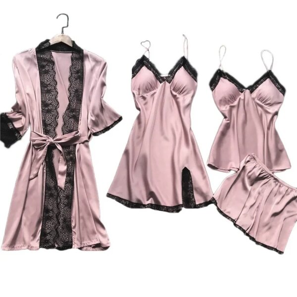 pyjama satin femme, vêtements de nuit en soie, 4 pièces, bretelles en dentelle