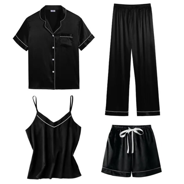 pyjama satin femme, vêtements de nuit en soie, 4 pièces, bretelles en dentelle