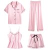 pyjama satin femme, vêtements de nuit en soie, 4 pièces, bretelles en dentelle