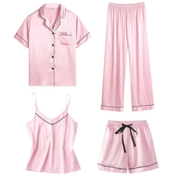 pyjama satin femme, vêtements de nuit en soie, 4 pièces, bretelles en dentelle