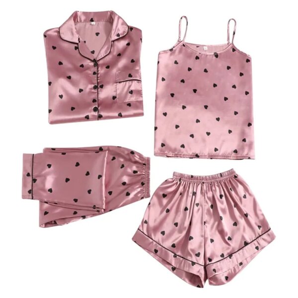 pyjama satin femme, vêtements de nuit en soie, 4 pièces, bretelles en dentelle