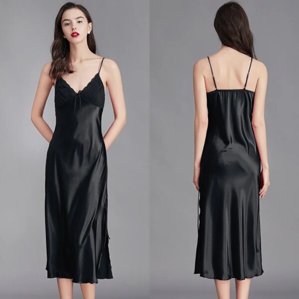 Robe de nuit longue sans manches pour femmes, Chemise en Satin de soie