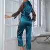 pyjama satin femme 2 pièces, haut à manches, pantalon, dentelle contrastée