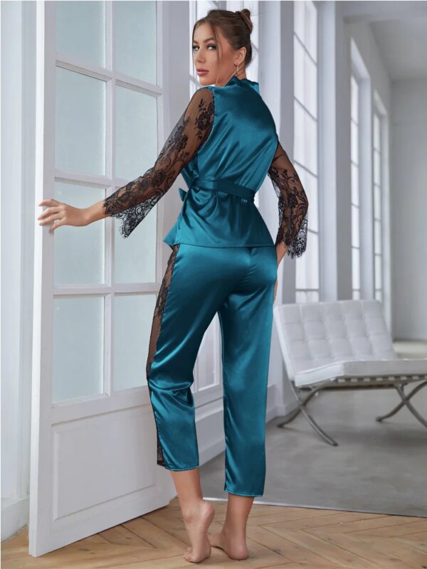 pyjama satin femme 2 pièces, haut à manches, pantalon, dentelle contrastée