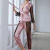 pyjama satin femme 2 pièces, haut à manches, pantalon, dentelle contrastée