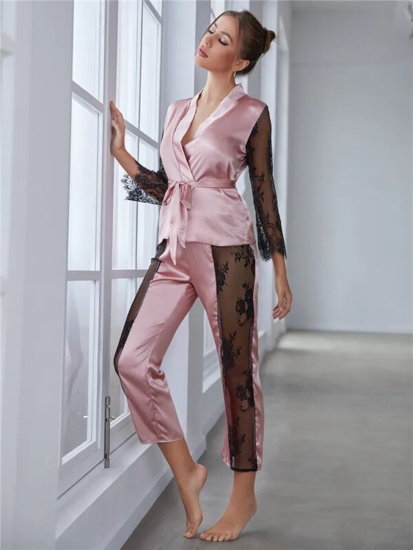 pyjama satin femme 2 pièces, haut à manches, pantalon, dentelle contrastée