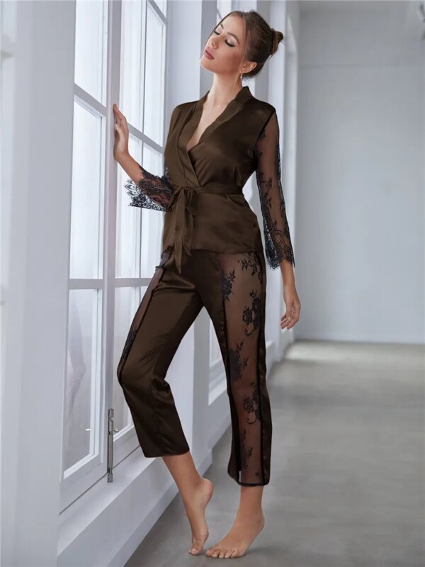 pyjama satin femme 2 pièces, haut à manches, pantalon, dentelle contrastée