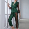 pyjama satin femme 2 pièces, haut à manches, pantalon, dentelle contrastée