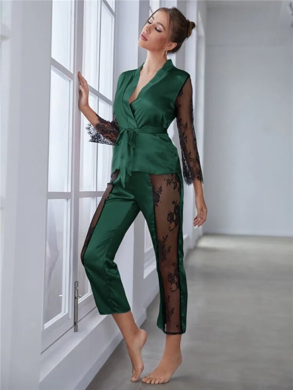 pyjama satin femme 2 pièces, haut à manches, pantalon, dentelle contrastée