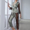 pyjama satin femme 2 pièces, haut à manches, pantalon, dentelle contrastée