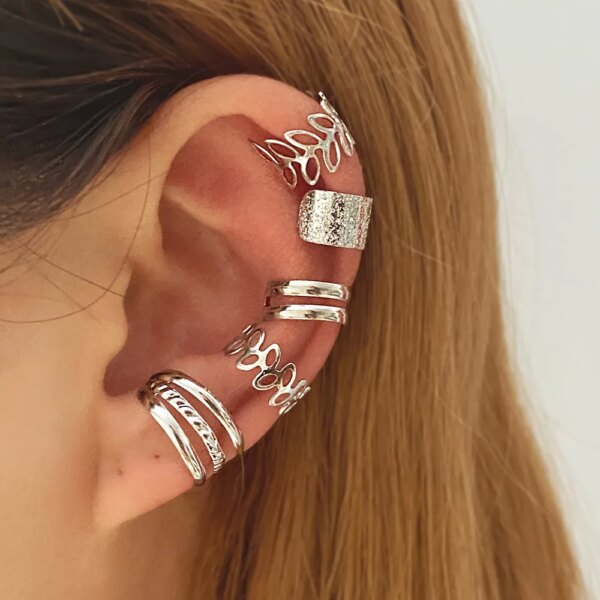 boucle d'oreille femme en Forme de Feuilles Argentées, Ensemble Créatif et Simple, Manchette d'Oreille en Forme de C